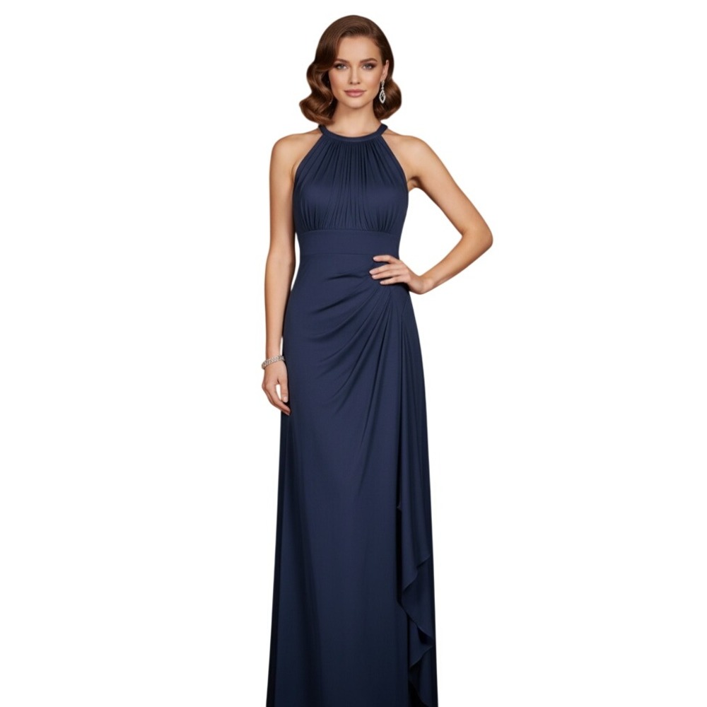 DAVID'S BRIDAL Navy GATHERED PLEATED CHIFFON Halter Neck BRIDEMAID/PROM Dress 8